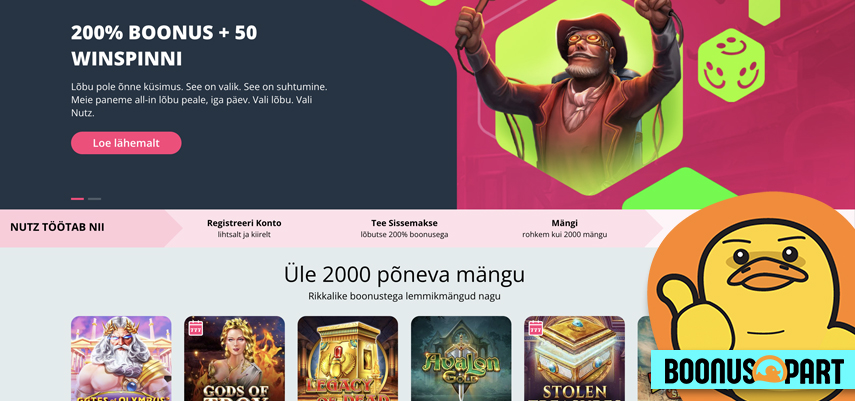 boonuspart nutz kasiino pakub tervituseks 200% boonuse ja 50 winspinni