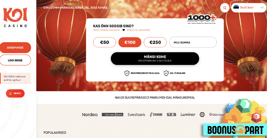 KoiCasino pakub oma klientidele erinevaid kasiinomänge, nii slottide seas, kui ka live kasiino nurgas.