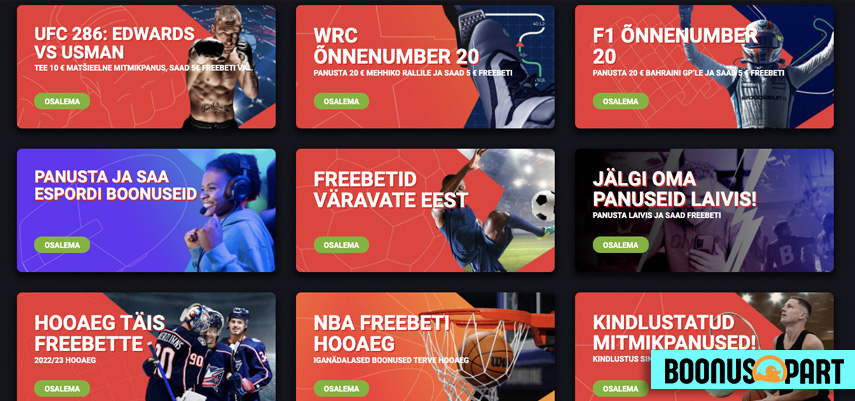 OlyBet pakub tervitusboonust kasiinomängudele ning valikus on ka tervitusboonus spordiennustustele ja pokkerile