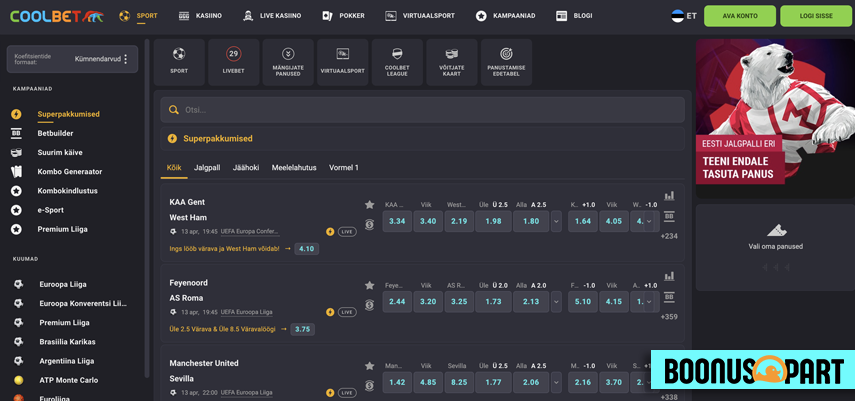 Coolbet pakub tasemel spordiennustuste võimalust, panuseid saab teha erinevatele spordialadele näiteks jalgpall, korvpall ja tennis ning esports.